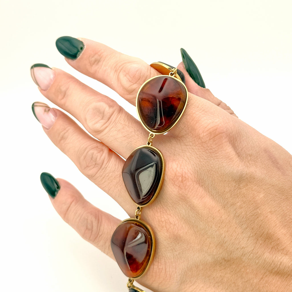 Βραχιόλι Ατσάλινο Statement Με Κεχριμπαρένιες Πέτρες