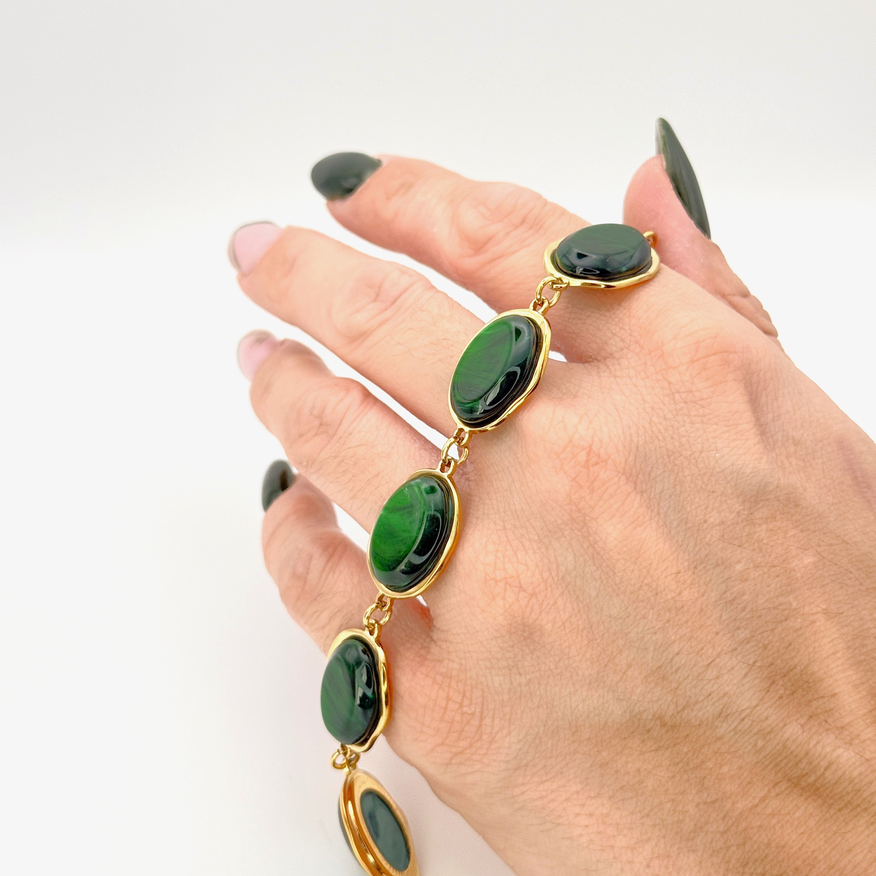 Βραχιόλι Ατσάλινο Με Πράσινες Πέτρες Μαλαχίτη