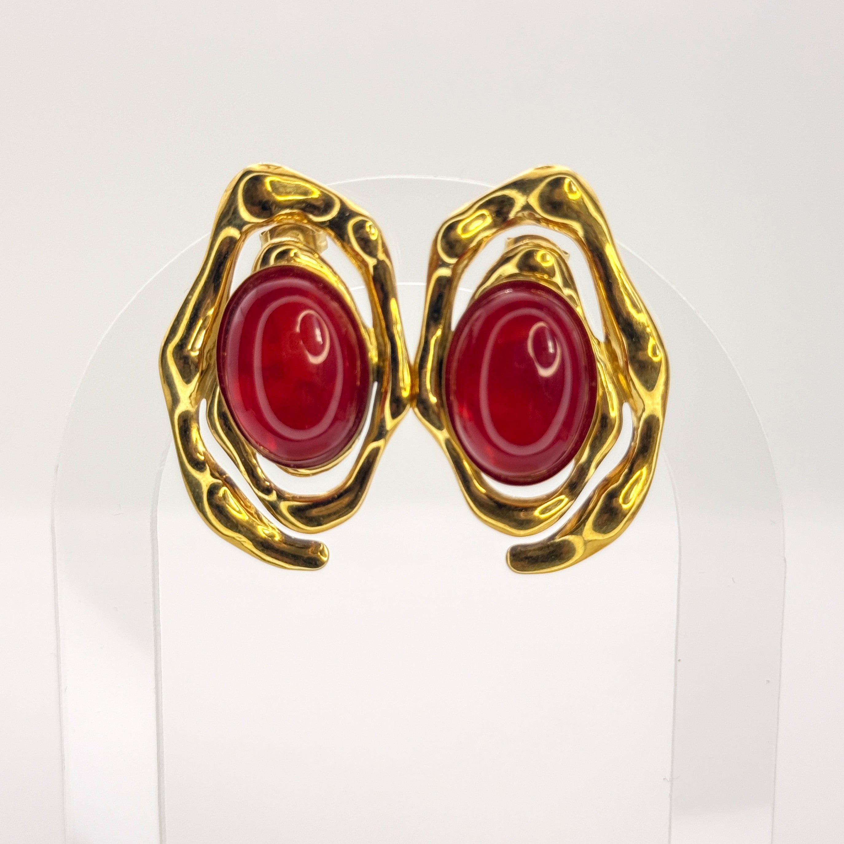 Statement Σκουλαρίκια με Κόκκινη Oval Πέτρα