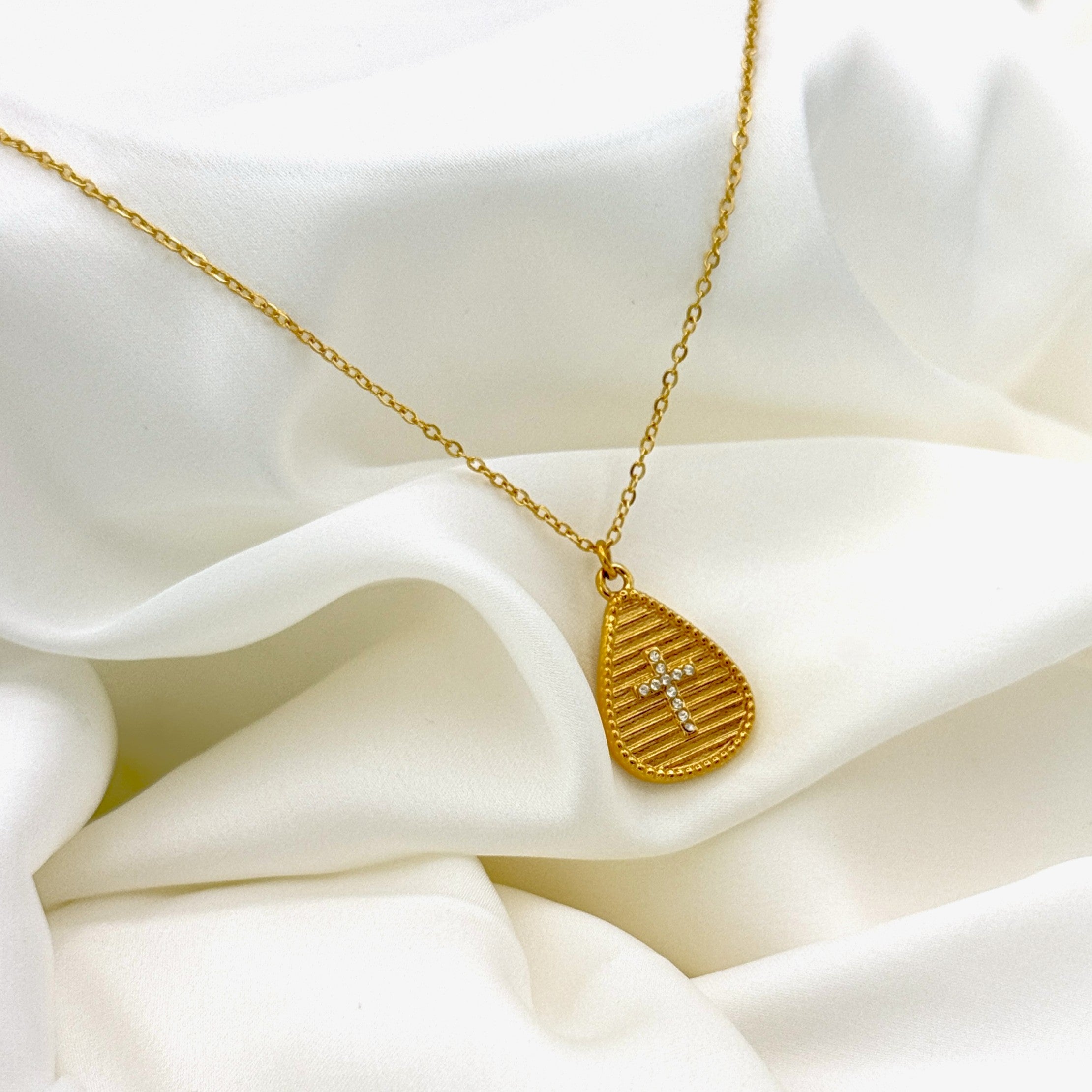 Κολιέ Ατσάλινο Με Σταυρό Ζιργκόν Σχέδιο Δάκρυ