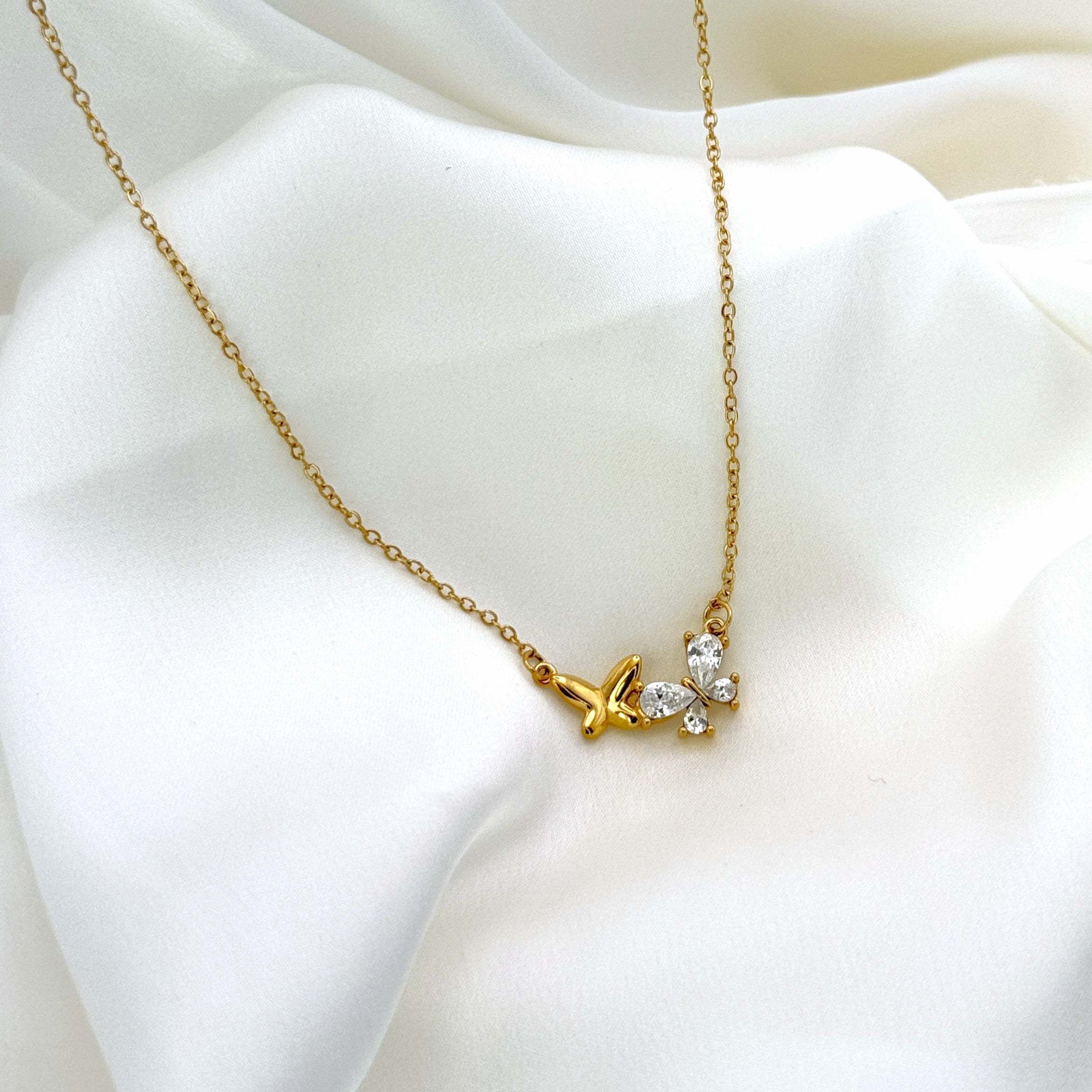 Κολιέ Ατσάλινο Layering Διπλή Πεταλούδα Με Ζιργκόν