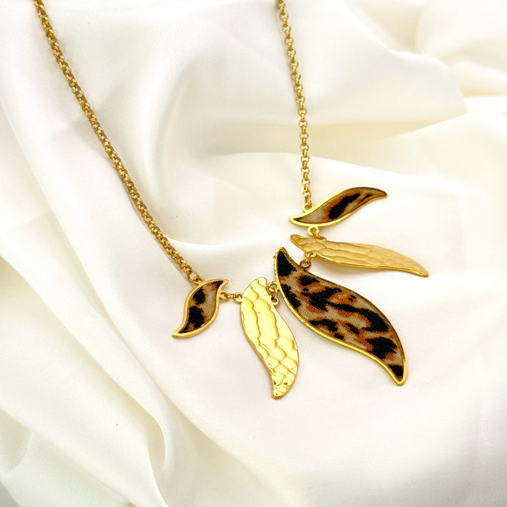 Κολιέ Ατσάλινο Statement Φύλλα Με Leopard Print