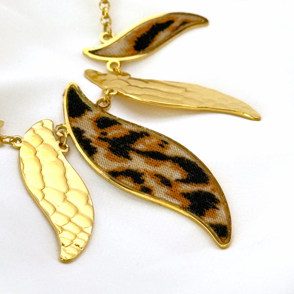 Κολιέ Ατσάλινο Statement Φύλλα Με Leopard Print