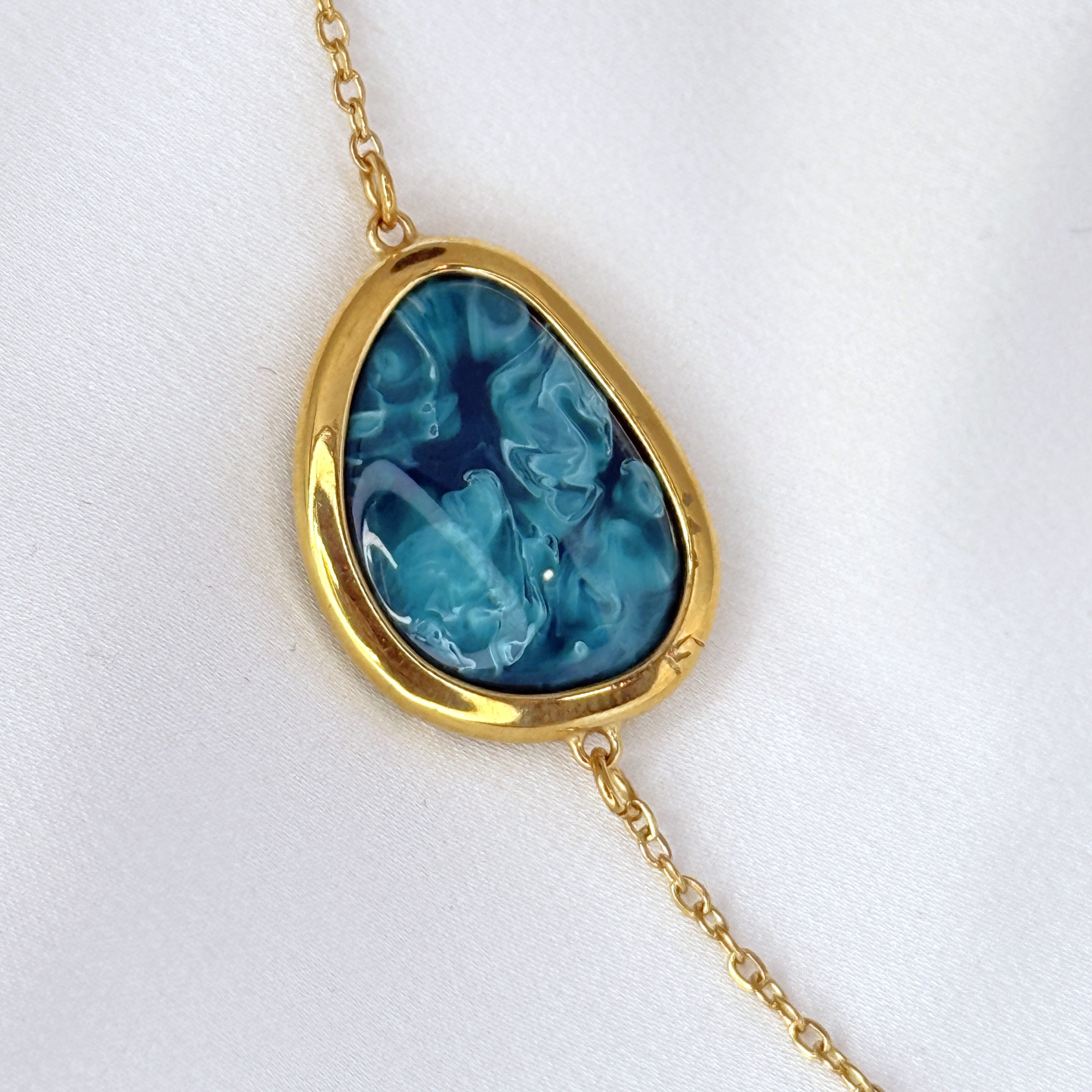 Κολιέ Ατσάλινο Teal Ocean Resin Drops & Gold Station Chain