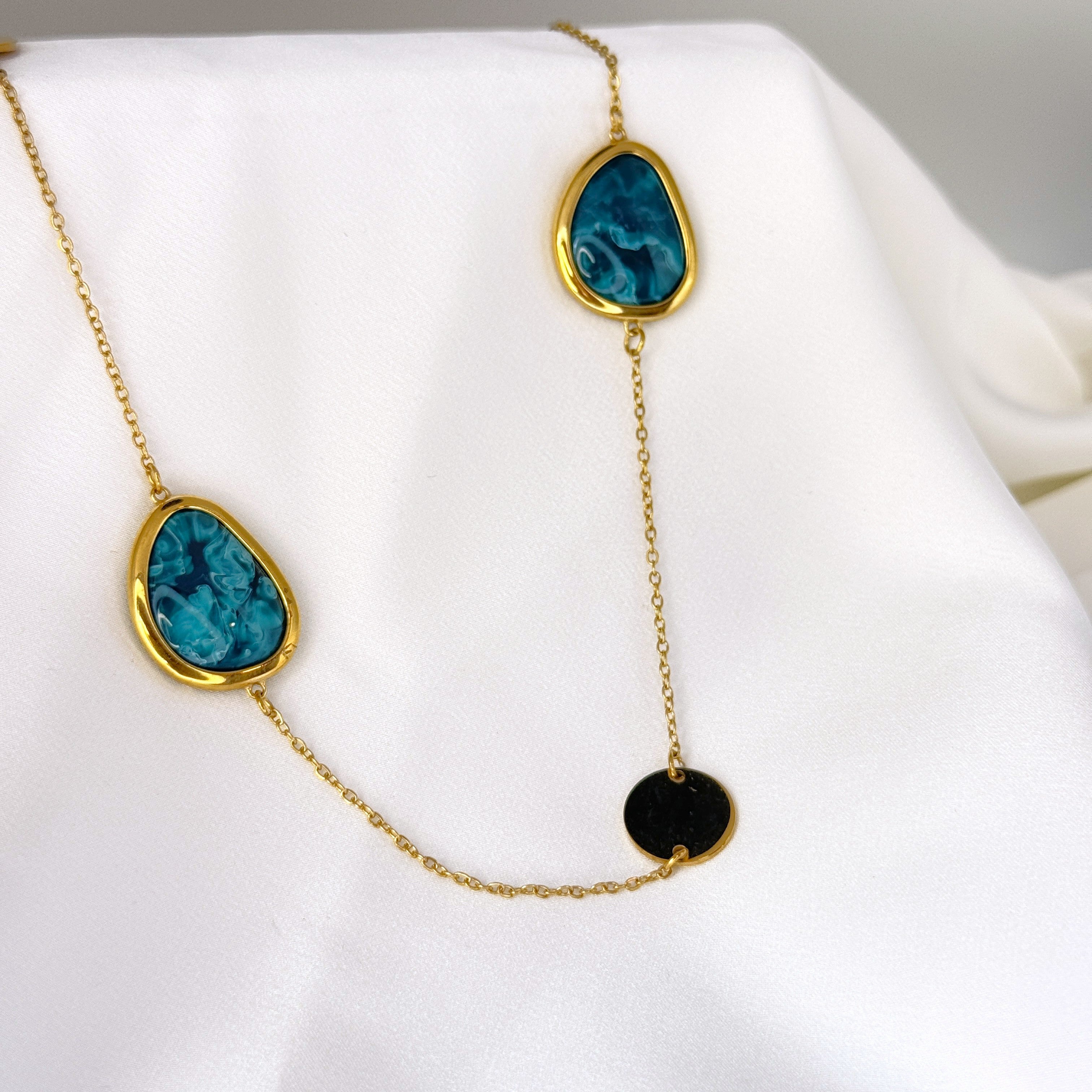 Κολιέ Ατσάλινο Teal Ocean Resin Drops & Gold Station Chain