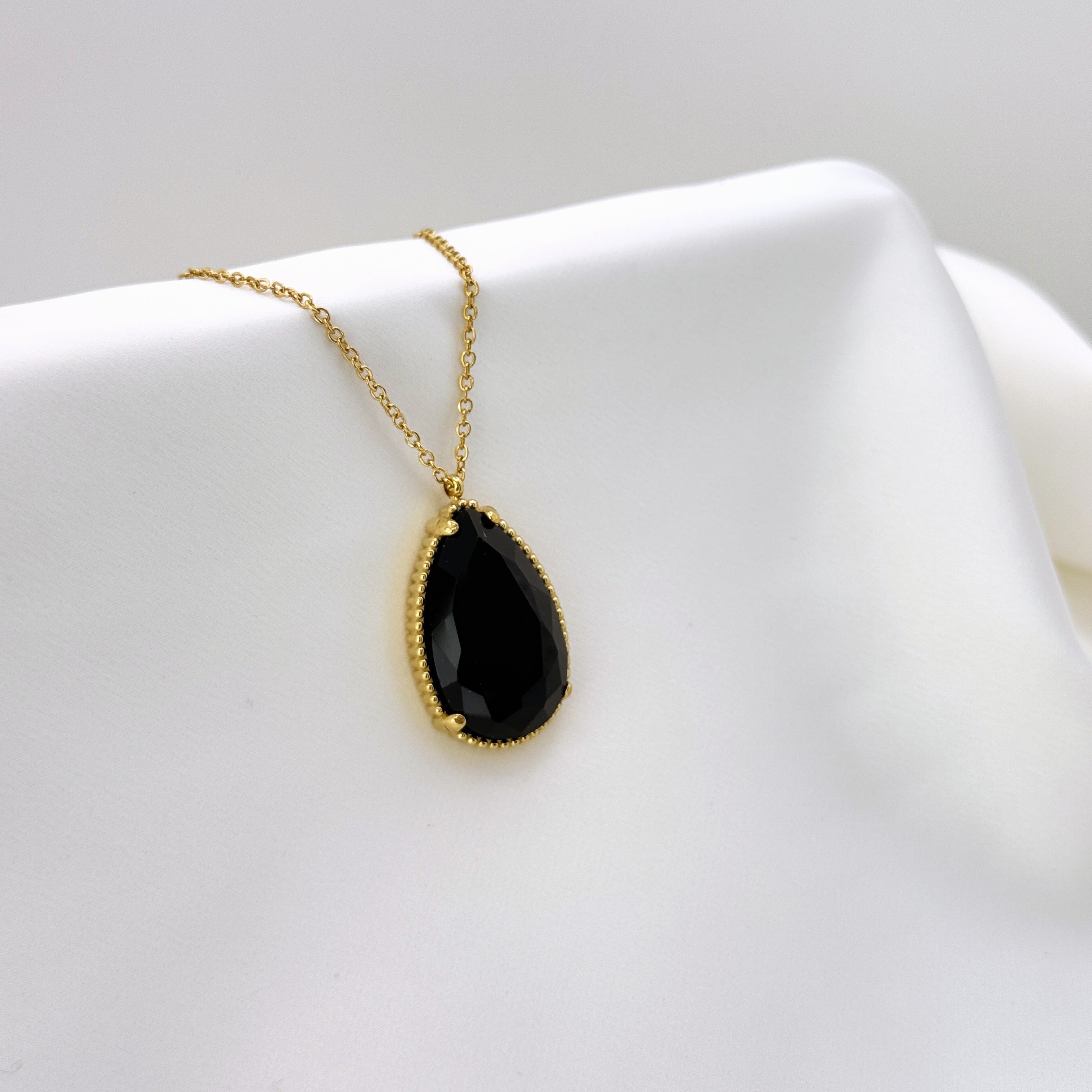 Κολιέ Με Μενταγιόν "Teardrop" Από Μαύρο Faceted Κρύσταλλο Και Beaded Πλαίσιο